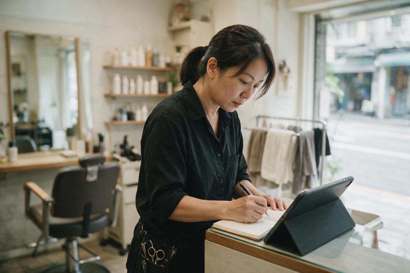 A salon owner writes an appointment into a paper diary beside a propped-up tablet at her reception desk.
